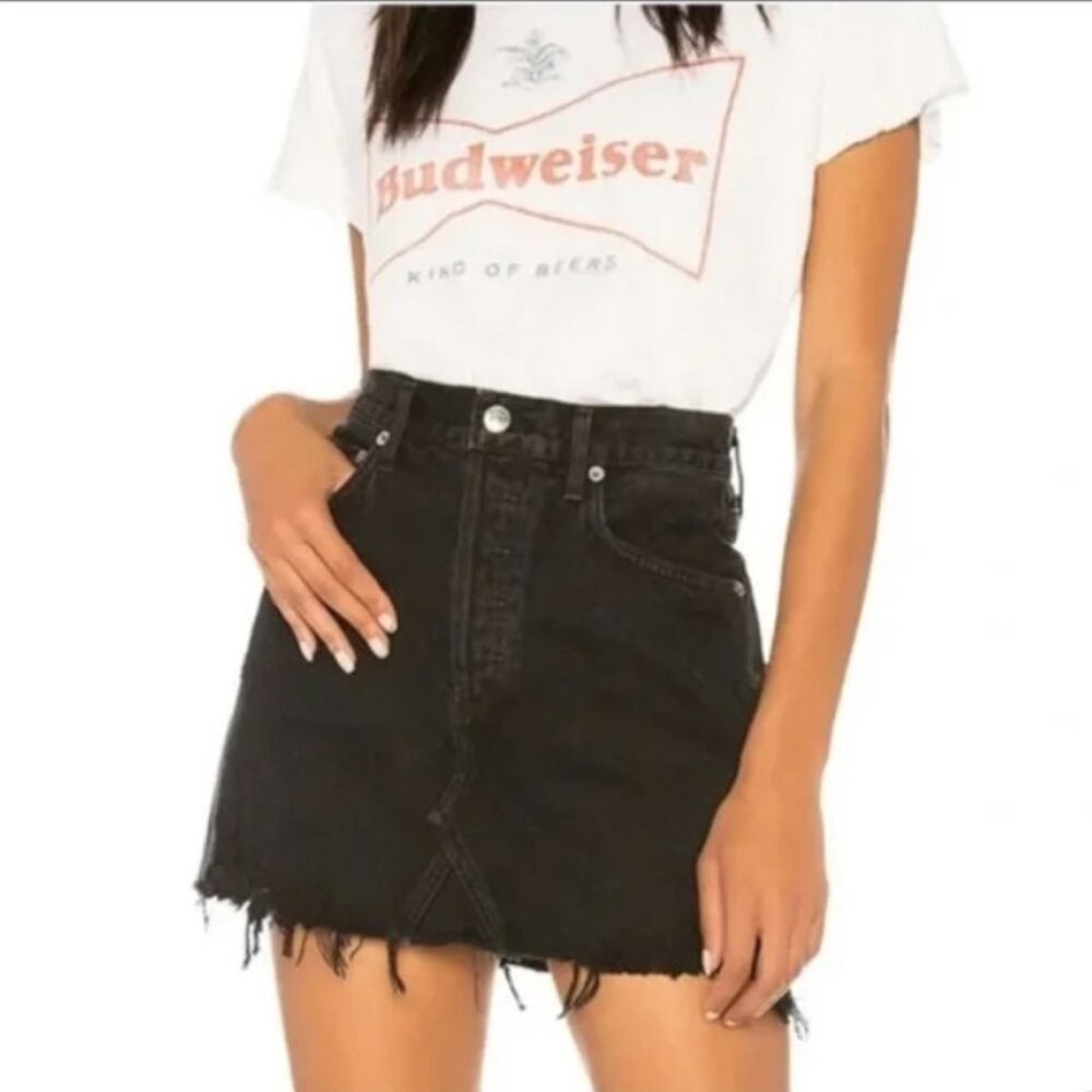 AGOLDE Quinn Black Distressed Demin High Rise Mini Jean Skirt w/ Raw Hem Size 27